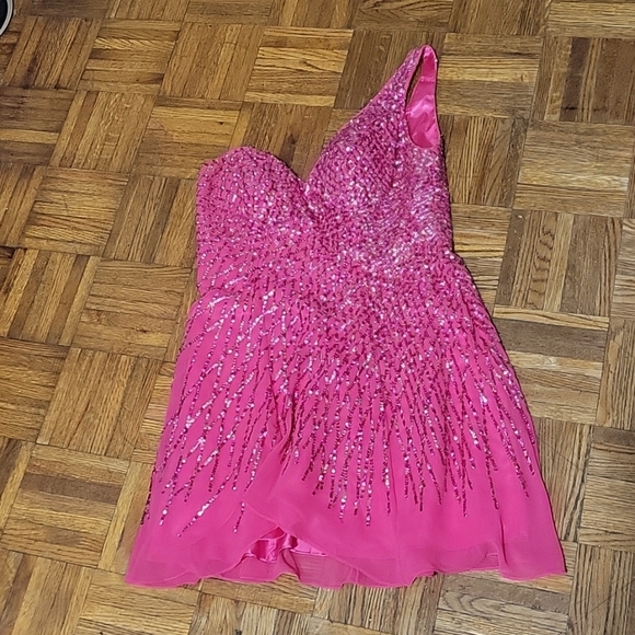 Johnny & Dave Pink Sequin One-Shoulder Mini Dress - Picture 1 of 5
